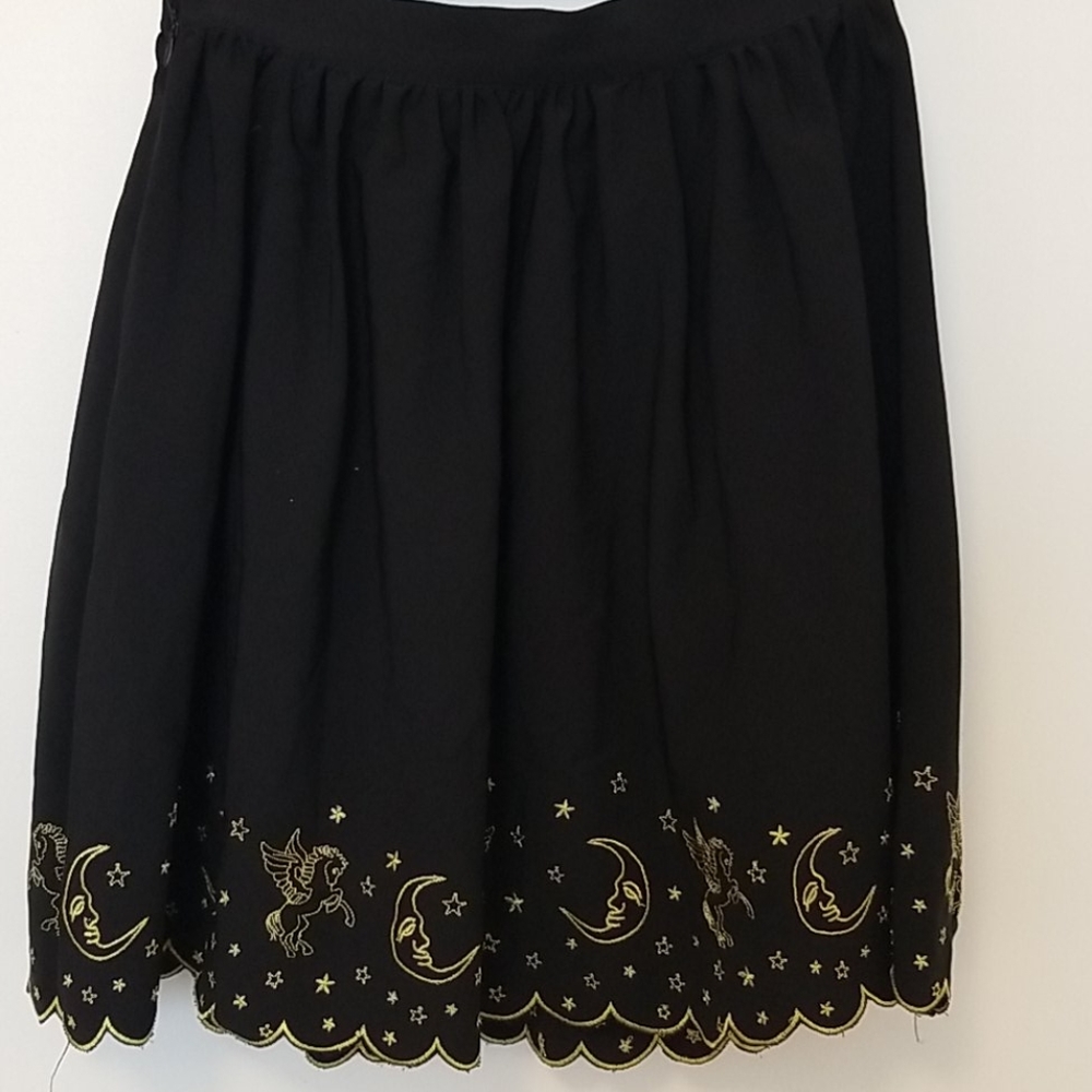 Modcloth black gold moon and unicorn skirt